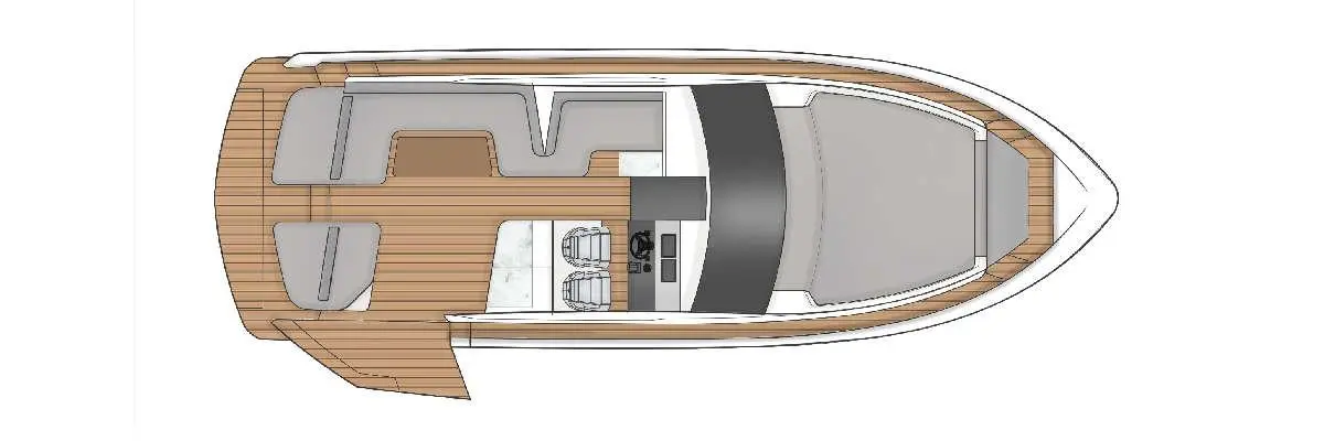 Aerial view of a modern boat interior featuring seating, a helm, and wood decking for leisure and enjoyment.